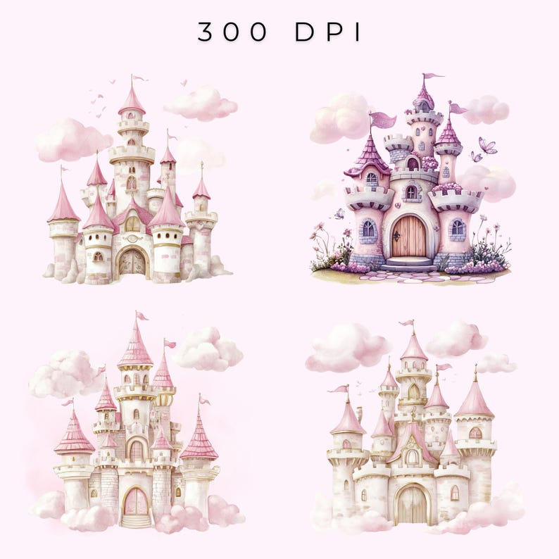 May include: Four watercolor illustrations of fairytale castles in shades of pink and white, with pink flags and turrets. Fluffy pink clouds surround the castles, set against a soft pink background. The text "300 DPI" is at the top.