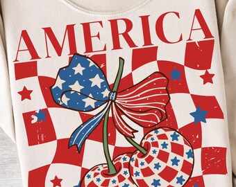 Kirsche Amerika PNG Vintage 4. Juli PNG Girly USA Shirt Design Retro Amerika Kariert PNG Grafik Gedenktag Vaterländischer Digital Download