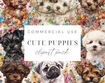 Cute Puppy Clipart Pack, Puppy Clipart Set, Puppies And Flowers PNG, Dogs And Puppies Instant Download, Watercolor Clipart Commercial Use