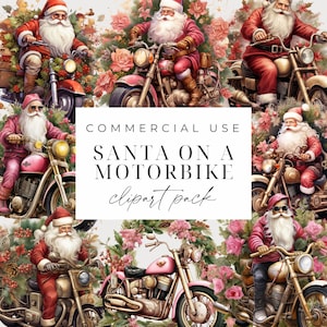 Set di clipart di Babbo Natale ad acquerello, uso commerciale di clipart di Natale di alta qualità, Babbo Natale su una moto, PNG vintage di Babbo Natale, clipart invernale