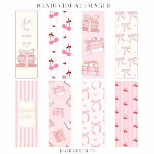 May include: Eight printable bookmark designs featuring pink and white stripes, cherries, bows, and stacks of books. The text "Just one more page" and "Bookish Girtie" are included in two of the designs.