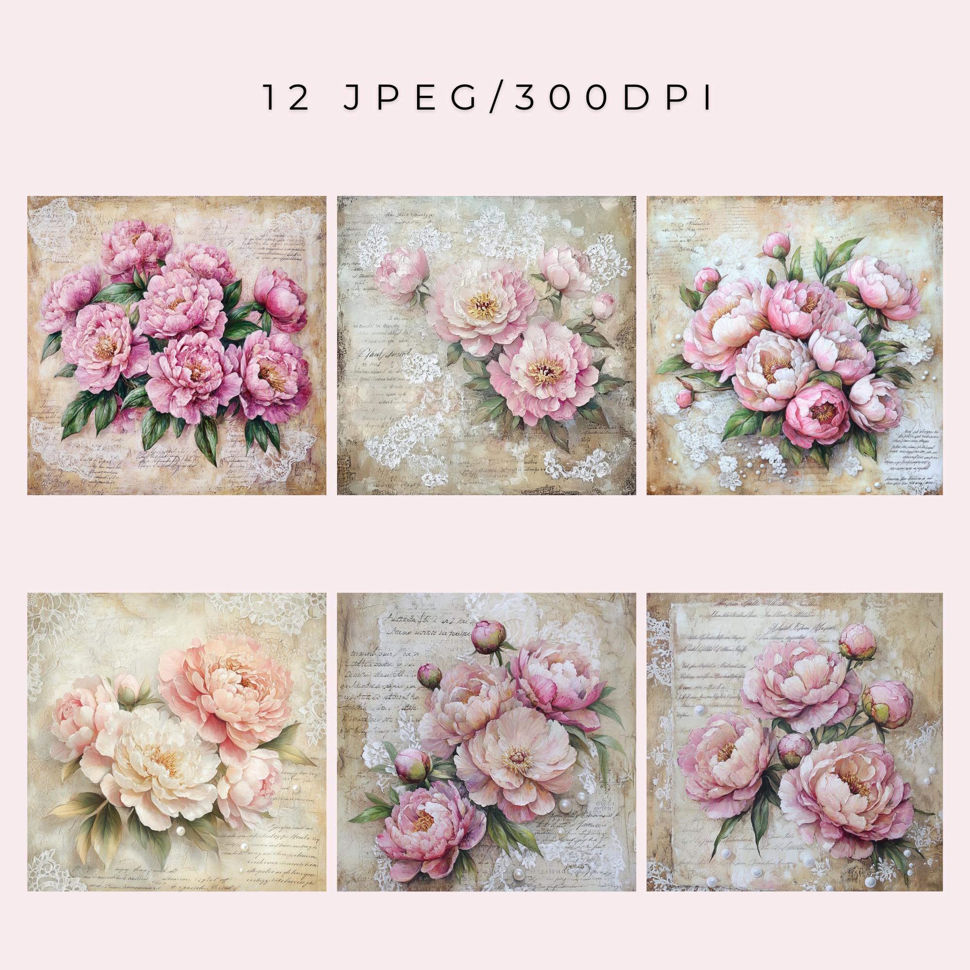 Vintage Peonies Digital Papers Floral Background Paper Jpgs Shabby Chic ...
