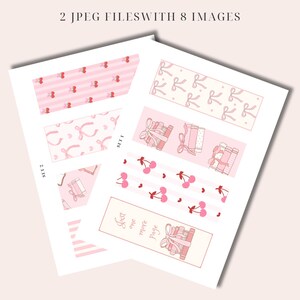 May include: Printable bookmark set with eight different designs. The designs feature pink and white stripes, hearts, bows, cherries, and stacks of books. The text "Just one more page" is included on one of the bookmarks.