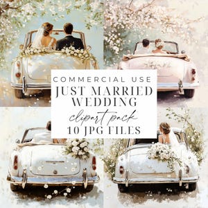 Noivos recém-casados, clipart de carro, JPGs de carro de casamento, dia do casamento, lua de mel, gráficos, artesanato em papel, diário de lixo, criação de cartões para impressão