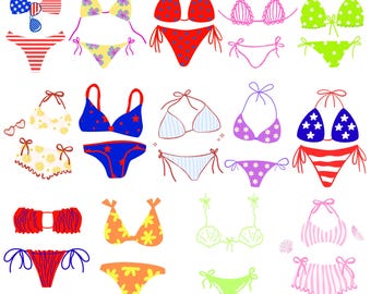Sommer Bikini Clipart Bundle Adrette Bikini PNG Trendige Sommer Clipart Girly Strand Badeanzug PNG Preppy See Mädchen Bikini Design Retro Strand PNG