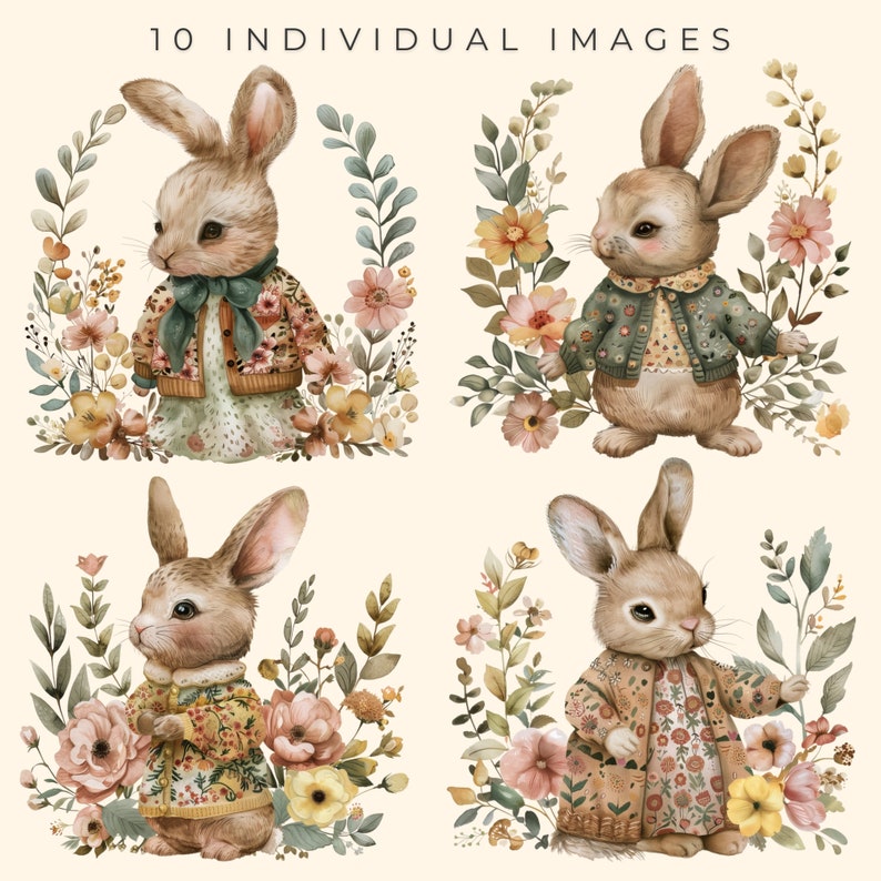 10 Bunnies With Flowers PNG, Bunny Clipart Pack, Floral Bunnies ...