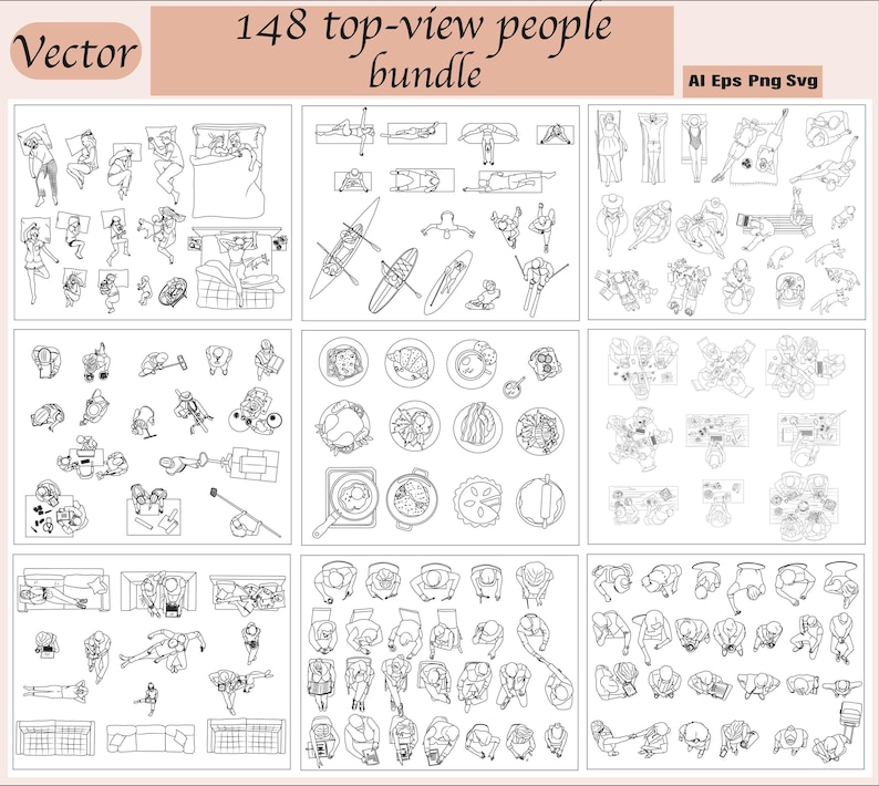 May include: A set of 148 black and white vector illustrations of people in various poses, viewed from above. The illustrations are grouped into categories such as sleeping, kayaking, eating, and sitting. The illustrations are suitable for use in design projects, presentations, and other creative endeavours.