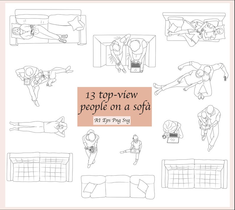 May include: A set of 13 black and white line drawings of people sitting and lying on sofas, viewed from above. The drawings are simple and stylised, and they depict a variety of poses and activities, such as reading, working on a laptop, and relaxing. The text "13 top-view people on a sofa" is included in the image.