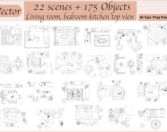 Vector furniture top view - bedroom, kitchen, living room, illustrations - 175+items - furniture and decor interiors - ai,svg,png,eps