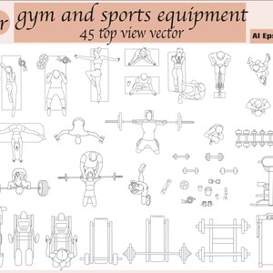 Peut inclure: Illustration vectorielle d'équipements de gym et de sport, avec 45 vecteurs en vue de dessus. L'image comprend des dessins au trait de divers appareils d'exercice, poids et personnes faisant de l'exercice. Le texte en haut indique "Vector gym and sports equipment" et "45 top view vector."