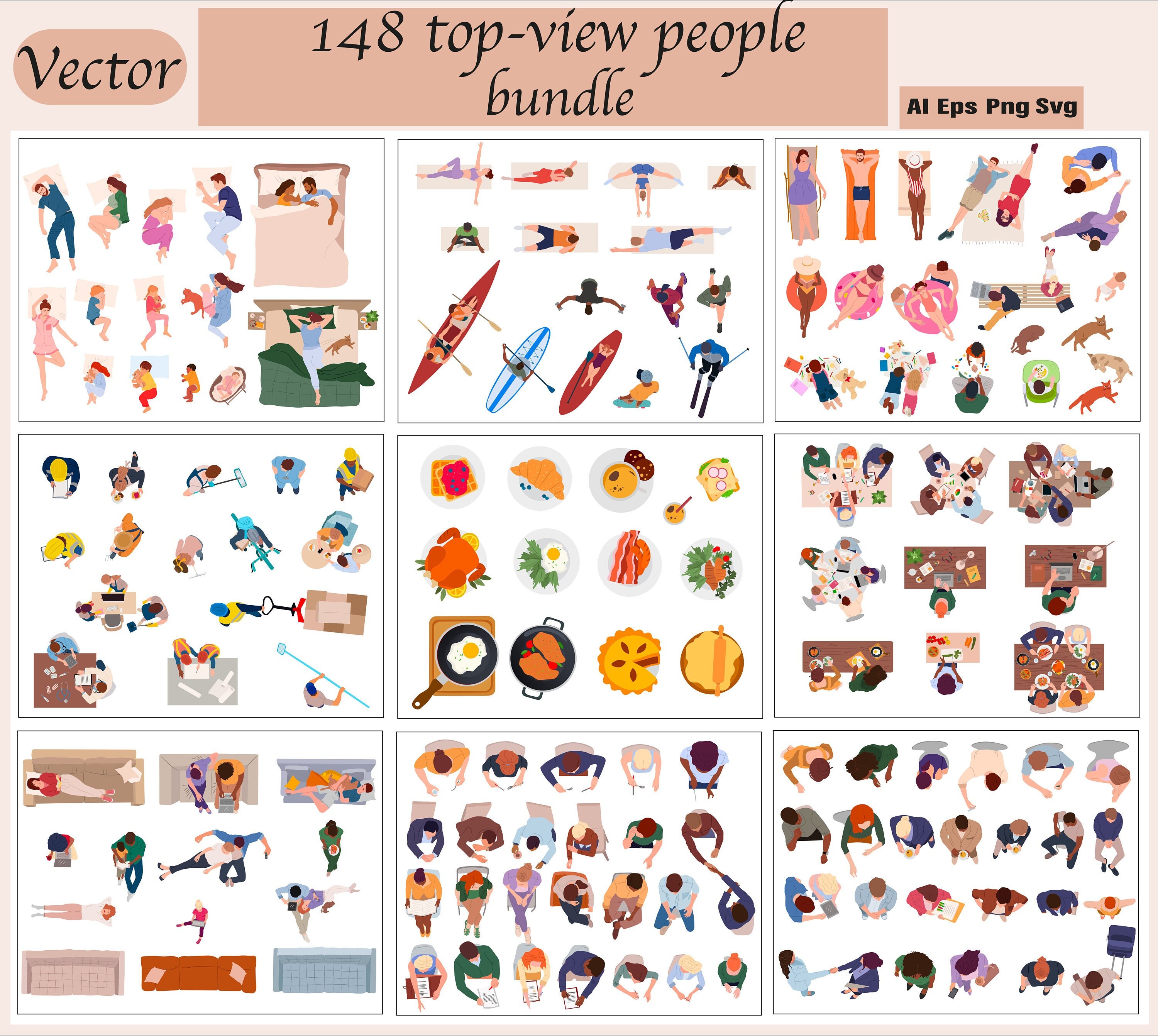 Top-View Flat Vector People Bundle - Pack of 148 Illustrations - AI - Png - Eps  - SVG Cutout