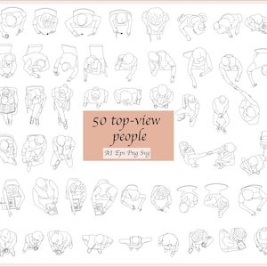 May include: A set of 50 black and white line drawings of people from a top-down perspective. The people are in various poses, including sitting, standing, and walking. The drawings are simple and stylised, and they would be perfect for use in a variety of design projects.