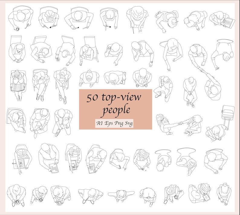 May include: A set of 50 black and white line drawings of people from a top-down perspective. The people are in various poses, including sitting, standing, and walking. The drawings are simple and stylised, and they would be perfect for use in a variety of design projects.