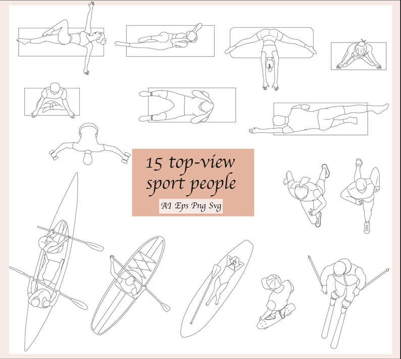 May include: A set of 15 black and white line drawings of people participating in various sports, including rowing, kayaking, paddleboarding, skiing, and running. The drawings are in a top-view perspective and are labelled "15 top-view sport people".