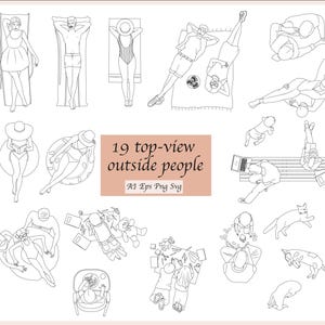 May include: A set of 19 black and white line drawings of people in various outdoor activities, such as sunbathing, reading, playing with children, and relaxing on a bench. The text "19 top-view outside people" is included in the image.