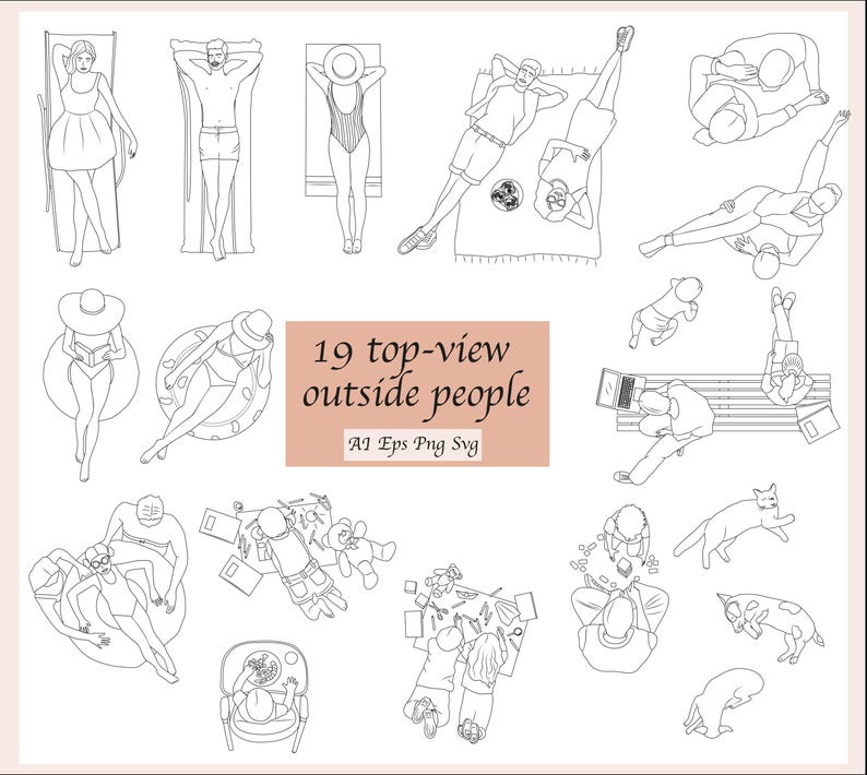 May include: A set of 19 black and white line drawings of people in various outdoor activities, such as sunbathing, reading, playing with children, and relaxing on a bench. The text "19 top-view outside people" is included in the image.