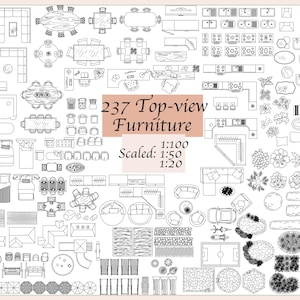 237 Geschaald 1: 100/50/20 meubelelementen - vectorillustraties (bovenaanzicht) - slaapkamer, woonkamer, badkamer, keuken - ai, PNG, SVG, EPS