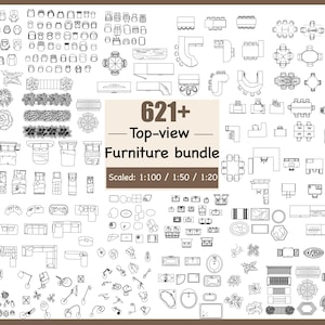 Peut inclure: Une illustration détaillée de meubles vus de dessus en noir et blanc. L'image présente une variété de meubles, notamment des lits, des tables, des chaises et des canapés. Le texte sur l'image indique "621+ Top-view Furniture bundle" et "Scaled: 1:100 / 1:50 / 1:20".