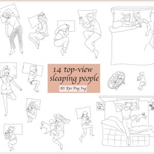 May include: A black and white line drawing illustration of 14 people sleeping in various positions. The illustration is titled "14 top-view sleeping people" and includes the text "A1 Eps Png Svg".