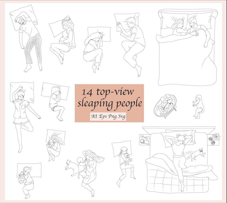 May include: A black and white line drawing illustration of 14 people sleeping in various positions. The illustration is titled "14 top-view sleeping people" and includes the text "A1 Eps Png Svg".