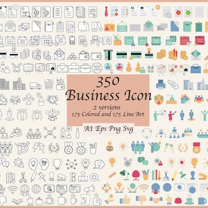 Business Icons Set - 350 Vektor Business Symbole bündeln - Modernes Icon Pack - Line Office Symbole - Farbe Unternehmenssymbole
