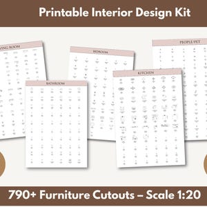 Op de afbeelding: Een printbare interieurontwerpkit met meubeluitsparingen voor woonkamer, slaapkamer, badkamer, keuken en mensen/huisdieren. De kit bevat 790+ uitsparingen op schaal 1:20, PDF- en PNG-formaten.