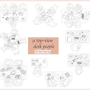 May include: Nine black and white line drawings of people sitting at desks from a top-down perspective. The drawings show people working on laptops, phones, and papers. The text "9 top-view desk people" is in the centre of the image.