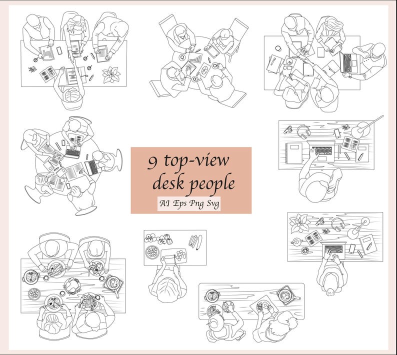 May include: Nine black and white line drawings of people sitting at desks from a top-down perspective. The drawings show people working on laptops, phones, and papers. The text "9 top-view desk people" is in the centre of the image.
