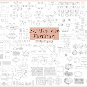 237 Scaled furniture elements - Line vector illustrations (top view) - bedroom, living room, bathroom, kitchen - ai, PNG, SVG, EPS