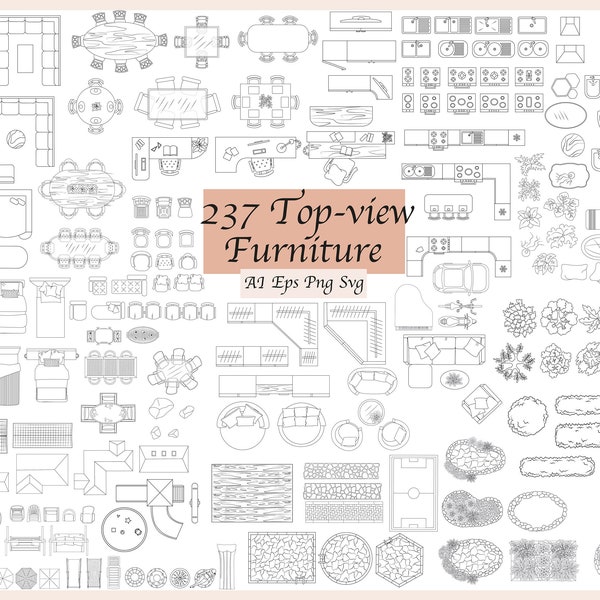 237 skalierte Möbelelemente – Linienvektorillustrationen (Draufsicht) – Schlafzimmer, Wohnzimmer, Badezimmer, Küche – AI, PNG, SVG, EPS