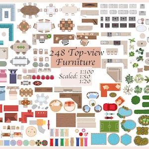 248 Scaled 1 : 100/50/20 furniture elements - Vector illustrations (top view) - bedroom, living room, bathroom, kitchen - ai, PNG, SVG, EPS