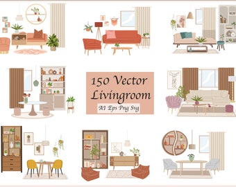 Flat vector illustrations - 150 Living Room furniture ClipArt set (11 Scenes) - aI, PNG, SVG, EPS