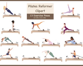 Pilates Reformer Clipart Bundle | 13 Women Exercise Poses | Wellness Fitness Vector Set (ai SVG PNG EPS)