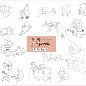 May include: A set of 15 black and white line drawings of people in various jobs, viewed from above. The drawings include a construction worker, a doctor, a teacher, a mechanic, a chef, a gardener, a delivery driver, a painter, a musician, a writer, a programmer, a scientist, a lawyer, a police officer, and a firefighter. The drawings are simple and stylized, and they are perfect for use in illustrations, presentations, or website designs. 15 top-view job people A1 Eps Png Svg