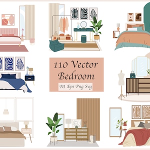 Platte vectorillustratie - slaapkamermeubels clipArt Set (110 items) - 10 scènes - ai, png, png, eps