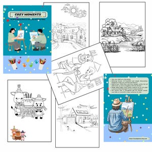 Peut inclure: Plusieurs livres de coloriage pour adultes avec diverses illustrations. Une couverture montre deux personnes en train de peindre, avec le texte "COZY MOMENTS". D'autres pages présentent des dessins au trait de paysages, de personnes et d'animaux. Un livre avec le texte "Why You Will Love This Book" est également visible.
