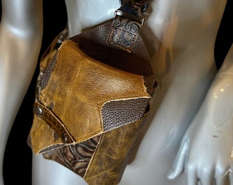 Brown multi pattern Sling Bag // Western tooled leather