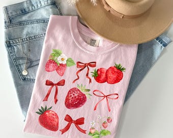 Comfort Colors® Strawberry Shirt, Cute Strawberry Tshirt, Strawberry Bow Shirt, Fruit Shirt, Boho Fruit Shirt, Strawberry Aesthetic, Garden