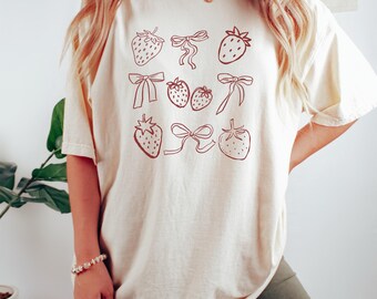 Comfort Colors® Fruit Shirt, Strawberry Shirt, Strawberry Bow Shirt, Boho Fruit Shirt, Aesthetic Fruit Shirt, Strawberry Lover Gift, Fruit