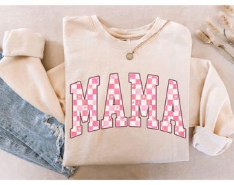 Comfort Colors® Mama Sweatshirt, Retro Mama Sweatshirt, Checkered Mama Shirt, Mama Sweatshirt, Cute Mom Shirt, Mama Gift, Mother's Day Gift