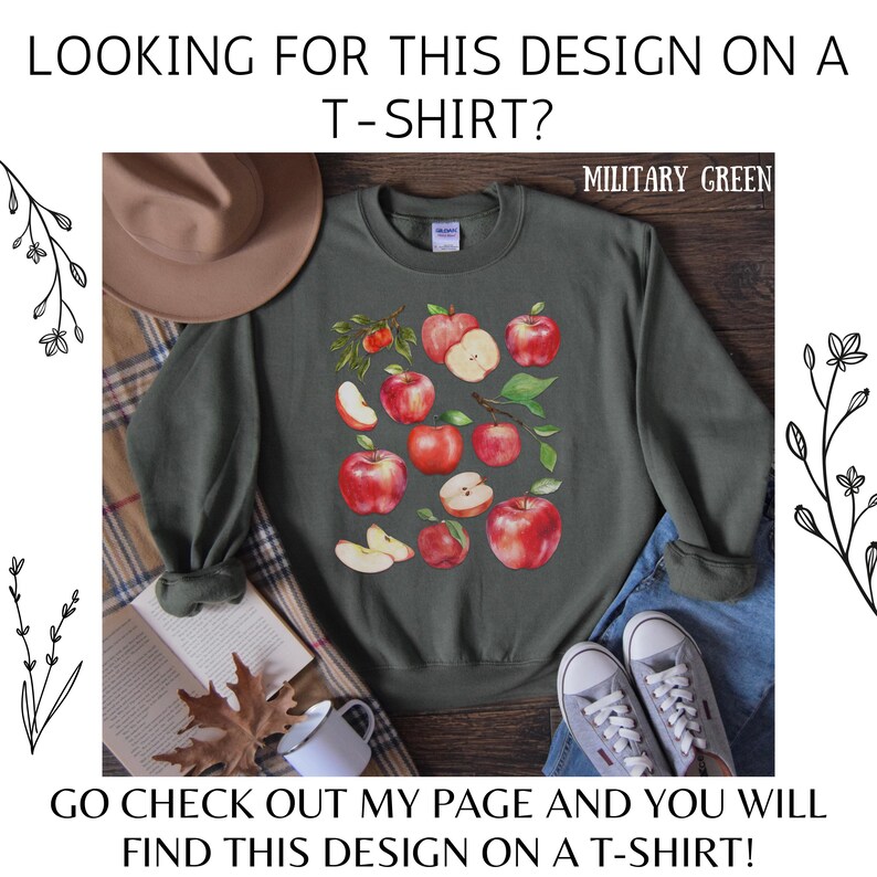 Pu&ograve; includere: Una felpa verde militare con un design grafico di mele rosse e foglie. Il testo "MILITARY GREEN" &egrave; stampato nell'angolo in alto a destra della felpa.