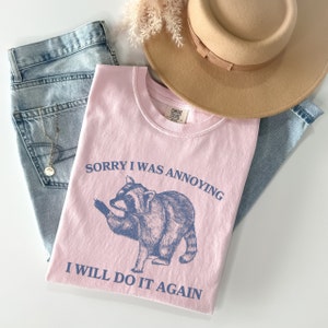 May include: Pink t-shirt with a blue raccoon graphic and the text "Sorry I was annoying I will do it again".