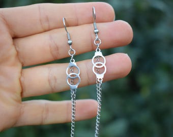 Handcuff Earrings, Chain Earrings, Cuff Punk Industrial Goth Earrings, Edgy Minimalist Dangle Earrings, Statement Metal Jewelry