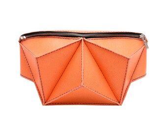 Designer 3D Bananentasche aus orangem Leder, exklusive Bauchtasche, Hüfttasche, Gürteltasche.