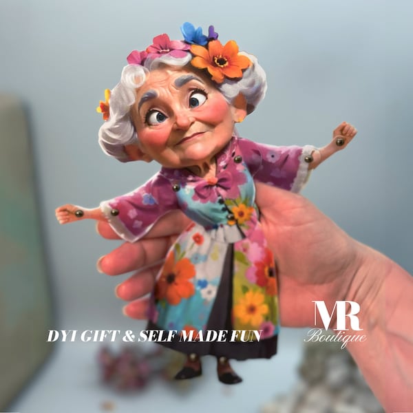 Movable Paper Doll Linda the Floral Grandma - Printable Kit, DIY Craft, Playful Elderly Doll with Floral Accents Spring Flowers