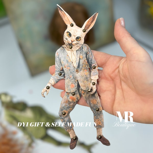 Mr. RABZ Dapper Rabbit Movable Paper Doll • Cute Creature Doll Vintage-Style DIY Craft Paper Doll Articulated Paper Doll Movable Retro Style