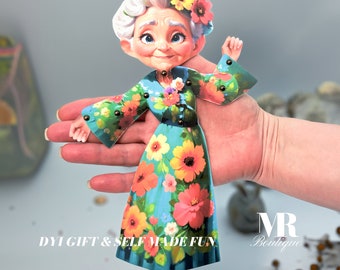 Movable Paper Doll Mary the Floral Grandma - Printable Kit, DIY Craft, Playful Elderly Doll with Floral Accents Spring Flowers