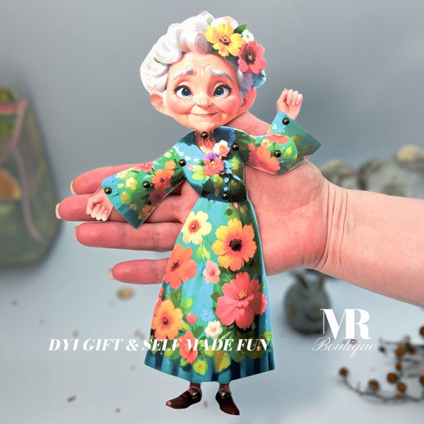 Movable Paper Doll Mary the Floral Grandma - Printable Kit, DIY Craft, Playful Elderly Doll with Floral Accents Spring Flowers
