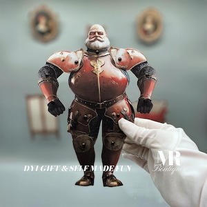 May include: A red and gold knight puppet with a white beard and mustache. The puppet is wearing a red and gold suit of armor and is holding a sword. The puppet is standing on a white surface. DIY GIFT & SELF MADE FUN.
