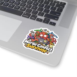 May include: A die-cut sticker featuring a stressed red octopus working on a laptop, surrounded by colorful tangled cables and labels like main, feature/login, and develop. The text Merge Conflict Survivor is printed in bold white and yellow letters.